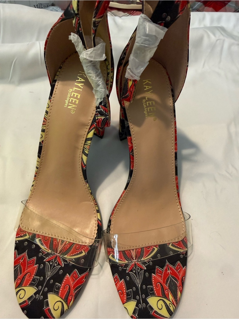 KAYLEEN By Los Angeles Red, Black & Yellow Floral Slingback Heels